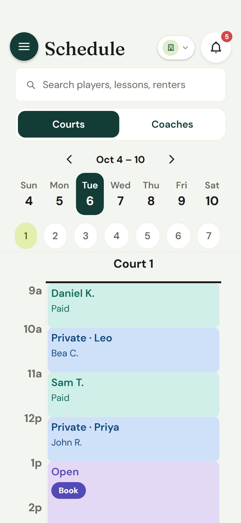 The club schedule for Monday on Court 2, with a 4 PM private lesson and open court time to book
